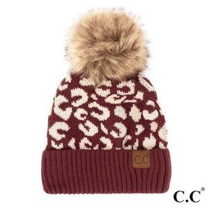 C.C Leopard Print Beanie with Faux Fur Pom - Monaco (Maroon)
